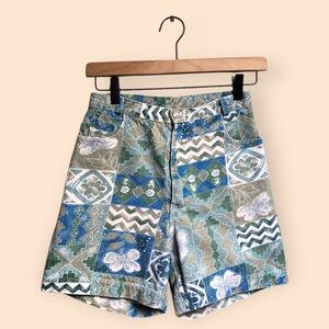 Vintage 80s 90s Kids Patterned Denim Shorts Blue Green Aztec Floral Kids Girls